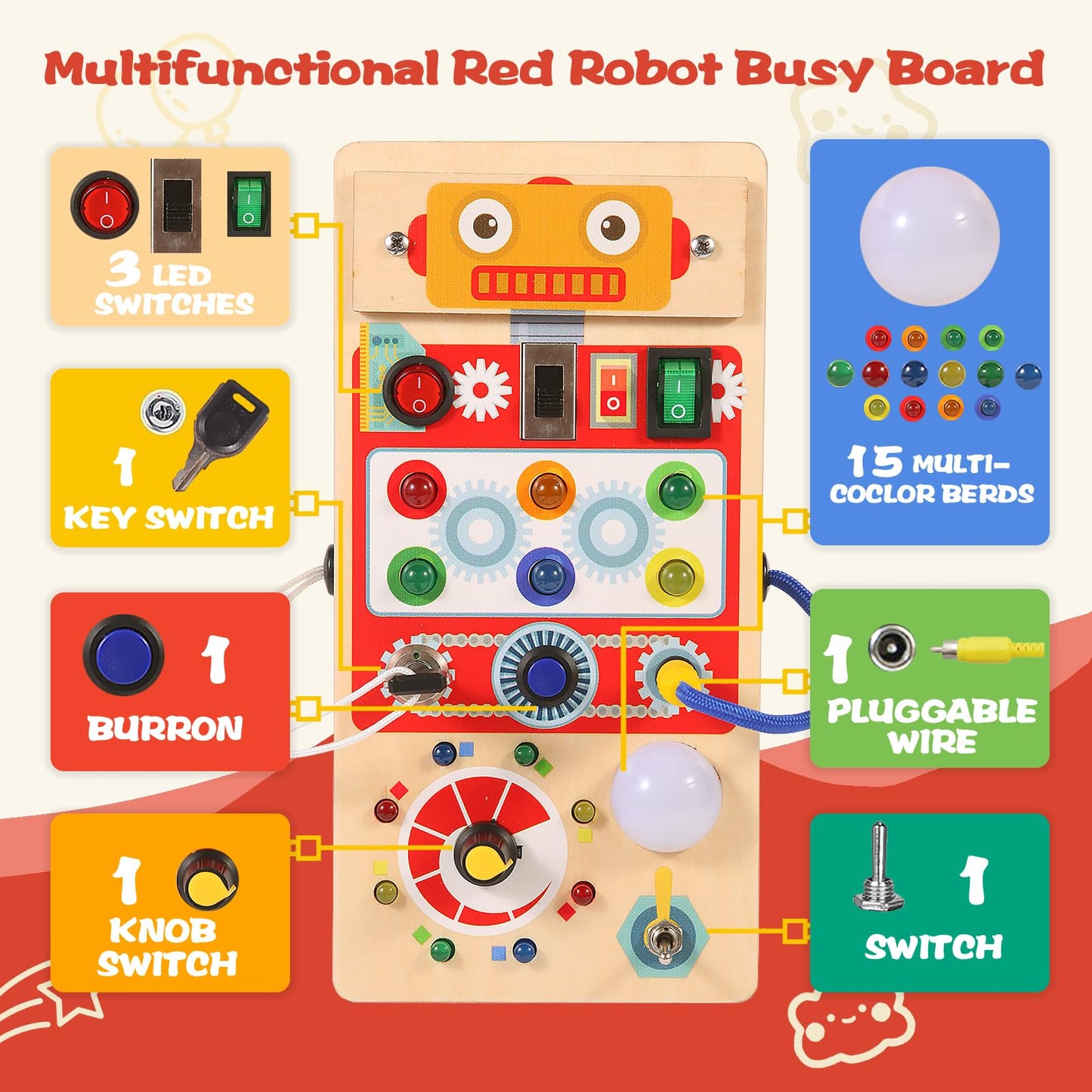 Asweets Montessori Wooden Busy Board Toy for Toddler, Red Robot Sensory Board with 8 LED Shape Light Switches, Travel & Gift Toys for Kids, 3.9''L x 2.0''W x 7.5''H