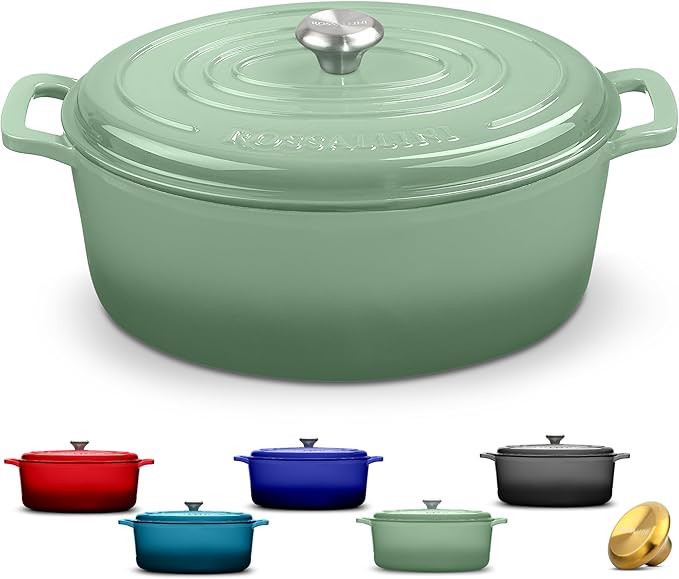 Signature Enameled Cast Iron Oval Dutch Oven | Non-Stick Serving Pot with Tight Fitting Lid for Perfect Roasting, Baking, Sauteing, and Bread Making | 5Q [Sage]
