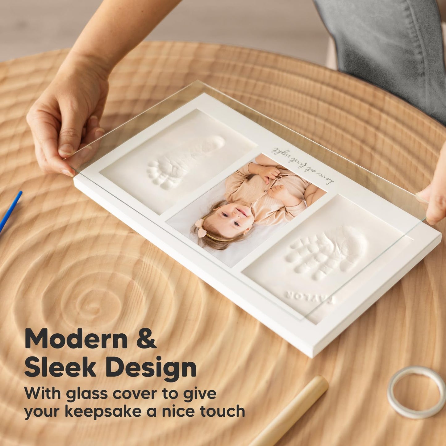 Baby Hand and Footprint Kit - Clay Handprint Keepsake Frame, Newborn Nursery Picture Frame, Personalized New Mom Gifts for Baby Shower & Registry (Ash Wood)