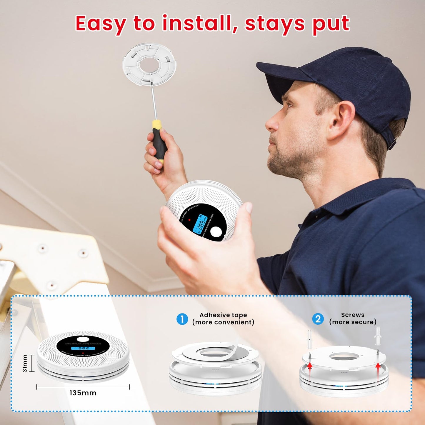 Alertlink 2-in-1 Smoke and Carbon Monoxide Detector Alarm, with Voice Alert,10-Year Battery Fire & CO Alarm with Large LCD Display, Easy Install with Adhesive or Screws