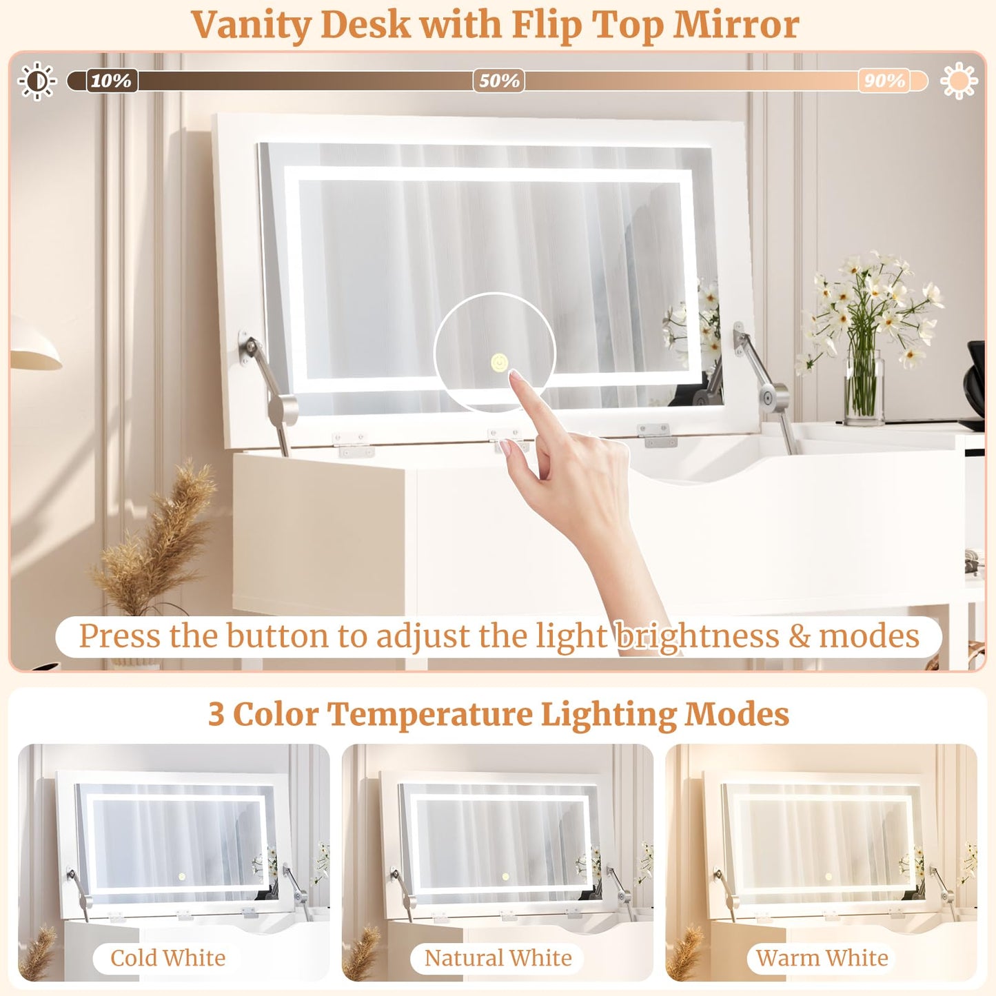 Cyclysio Vanity Desk with Flip Top Mirror and Lights, Makeup Vanity Desk with Drawers, Dressing Table with Storage Shelves & Charging Station, Small Vanity for Small Spaces, White