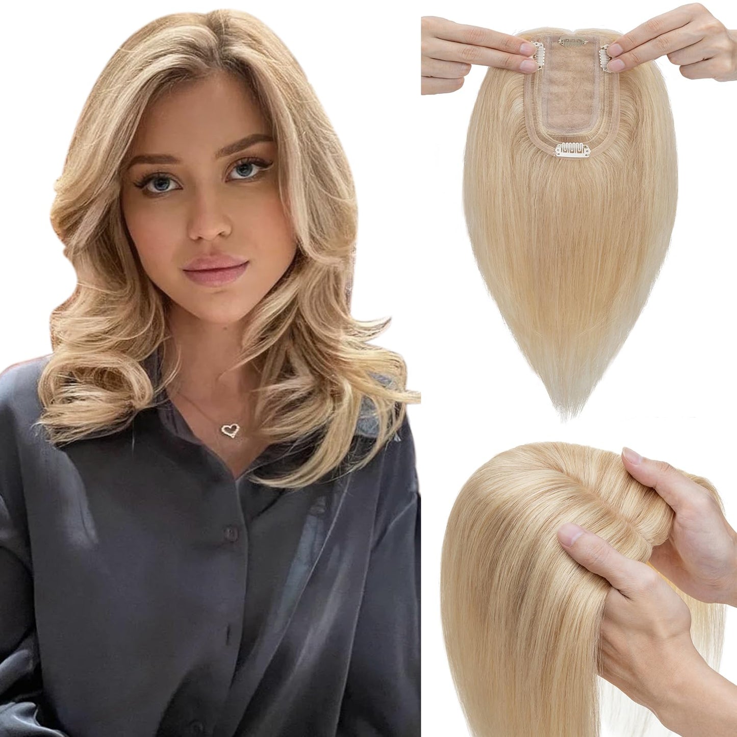 Elailite Hair Toppers for Women Real Human Hair Topper Thinning Thin 5.1x2.8 Silk Base Clip in Remy Hairpieces 14 Inch Sandy Blo