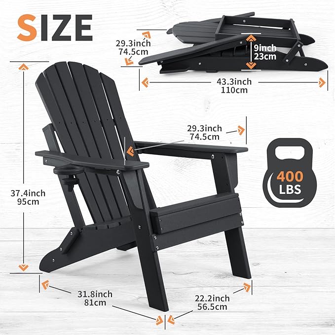 FUNBERRY Folding Adirondack Chair Set of 6, All Weather HDPE Fire Pit Chairs with Cup Holder for Outdoor