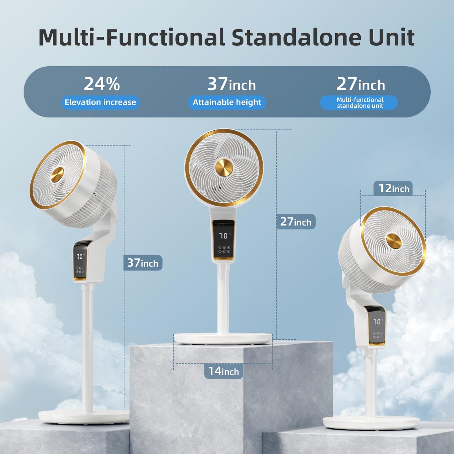 Feculs Official Standing Fan With Remote, Fans Oscillating With 12H Timer, 3 Speeds, Temperature Display, 36-50Db Floor Fans For