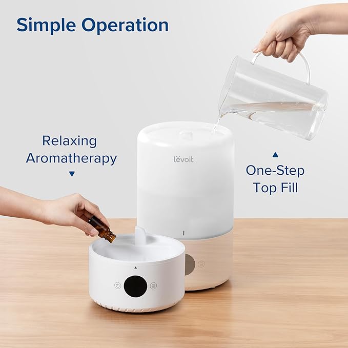 LEVOIT Smart Cool Mist Top Fill Humidifiers for Bedroom Baby with Sensor, Auto Humidity Setting, APP & Voice Control, Essential Oil Diffuser, Ultra Quiet Operation, Easy Top Fill, 3L, White
