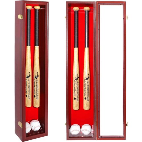 NRZSSN 2 Baseball Bat Display Case Wall Mount - Vertical/Horizontal Cherry Wood Frame w/ 98% UV Protection & Lock | Acrylic Door Shadow Box for 2 Bats