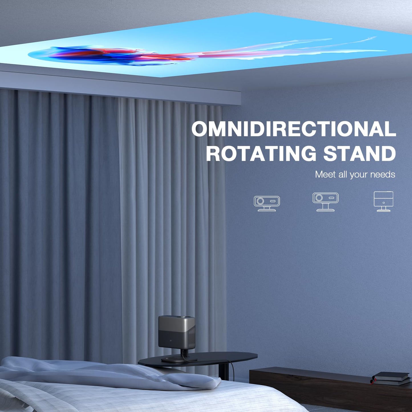 [Compatible with Netflix & Auto Focus]AuKing Smart Projector with Wifi and Bluetooth,Auto Focus&Keystone Projector4K,3D DoIby Audio, 1200ANSI Outdoor Projector with Omnidirectional Rotating Stand