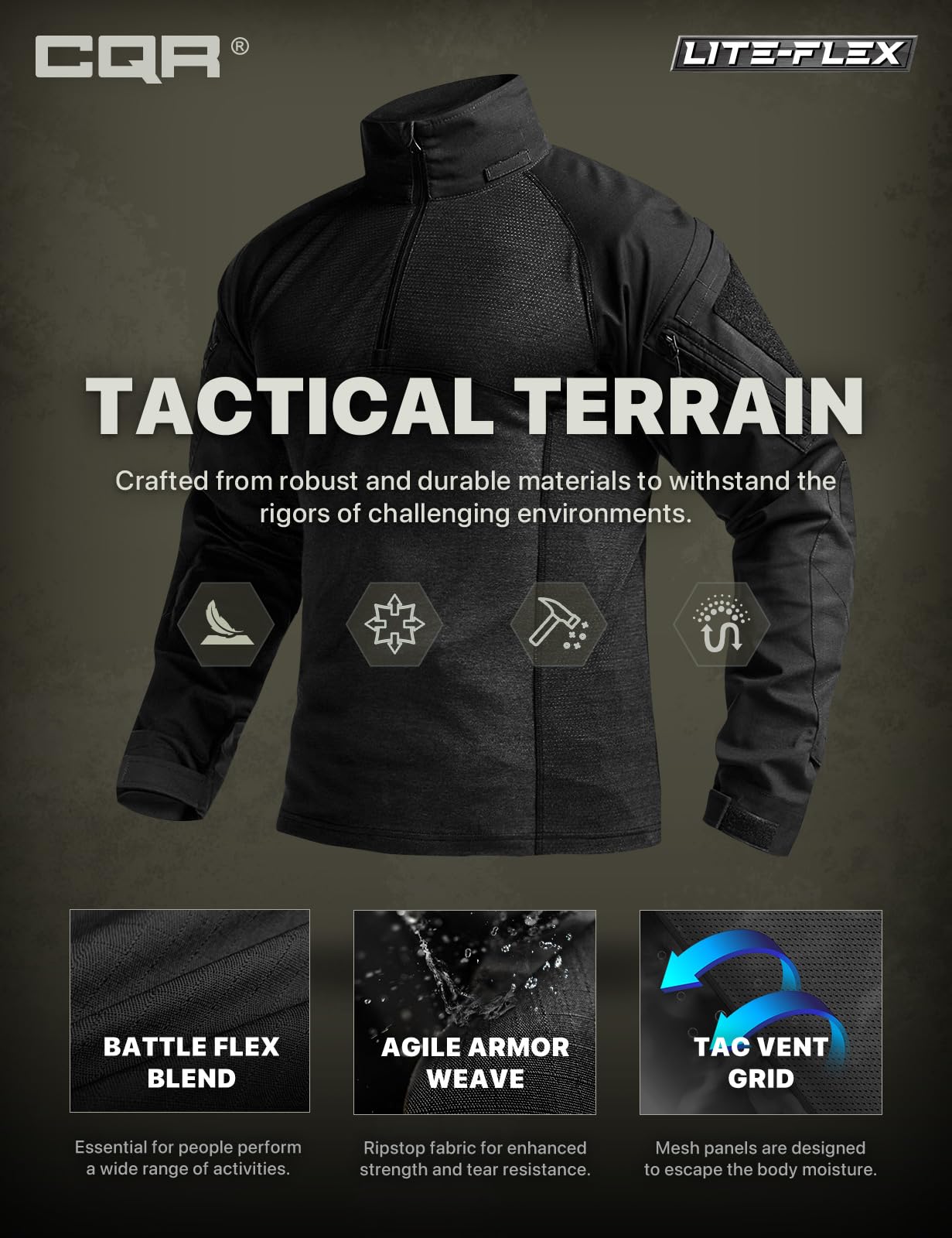 CQR Men's Combat Shirt Tactical 1/4 Zip Long Sleeve Military BDU Shirts Camo EDC Top with Pockets, Raider Black, X-Small
