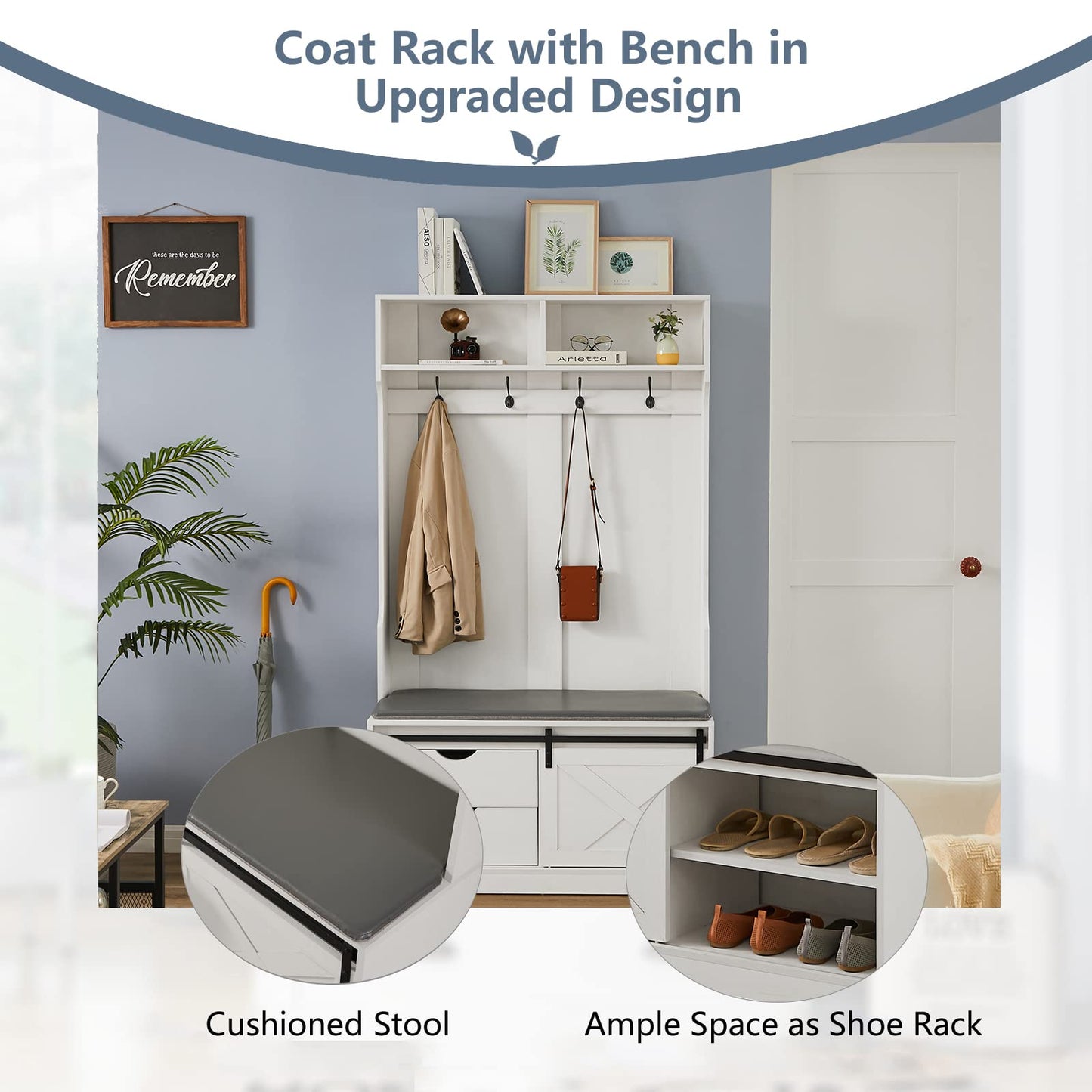 Betoko 71 Inch Entryway Bench with Sliding Barn Door, Hall Tree with Coat Rack and Storage Bench, Wood Coat Tree with Cushioned Stool and Hooks for Hallway, Living Room, Mudroom (White)