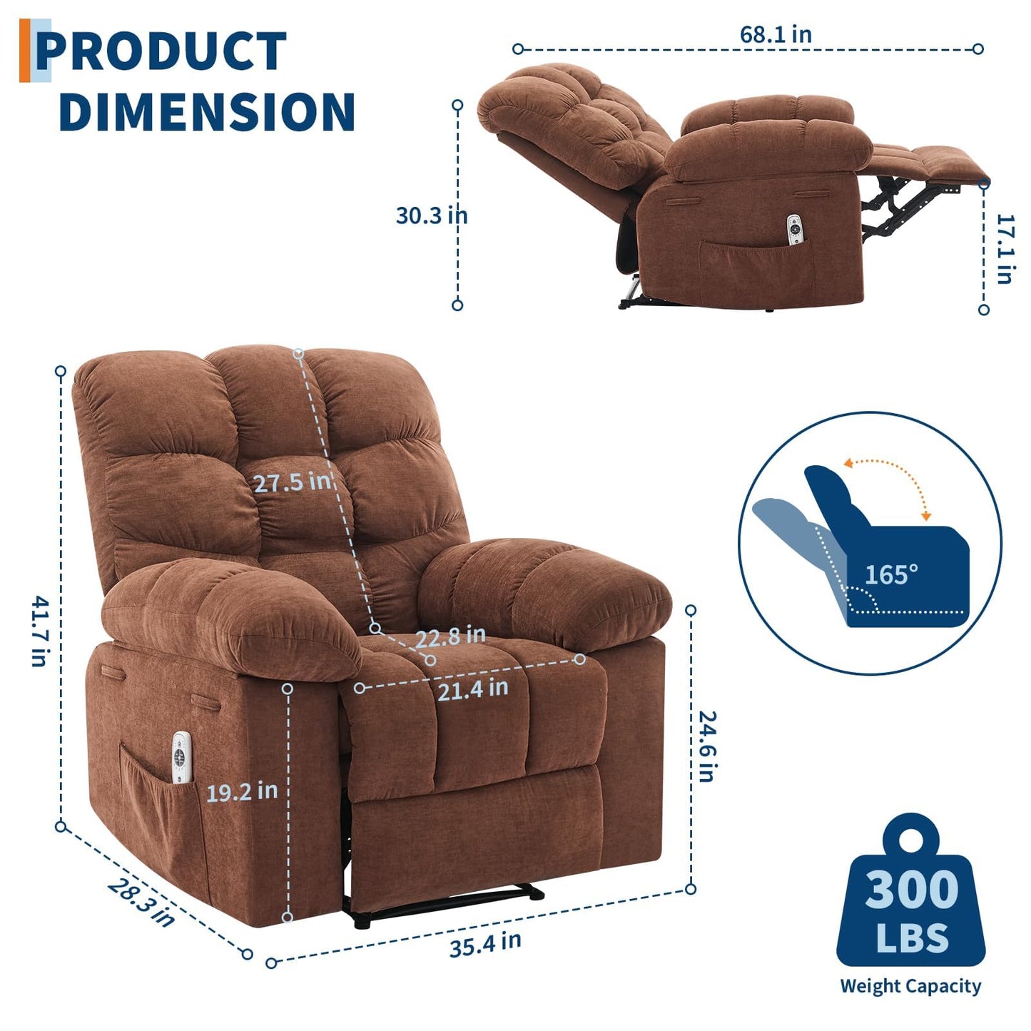 Dark Brown Ergonomic Recliner Chair - Overstuffed Rocking Recliner with Massage & Heat, Wide High-Back Linen Reclining Chair, Manual Adjustable with Remote & Dual Side Pockets for Living Room Bedroom