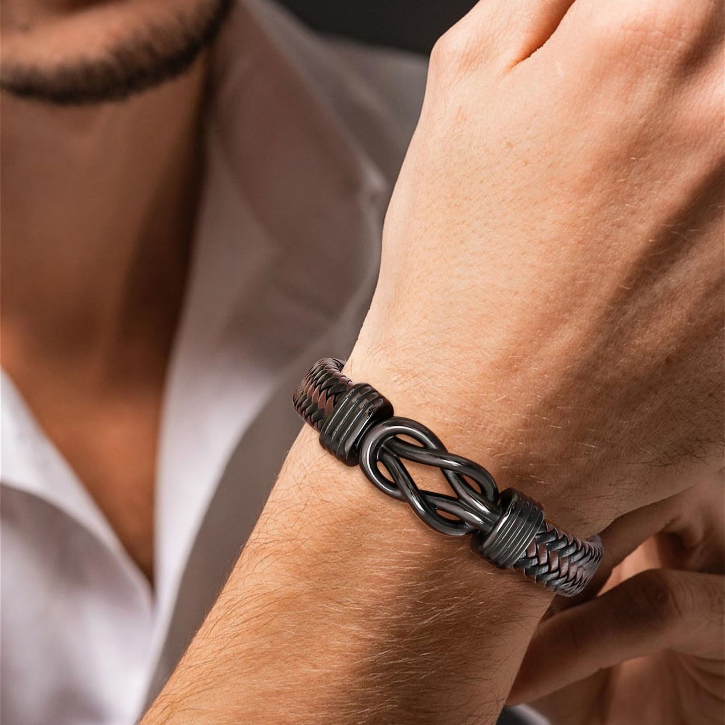 MEALGUET to My Man Bracelets Gifts- Brown Braided Leather Infinity Knot Bracelets Engraved Letter Love You Forever for Husband from Wife Birthday Christmas