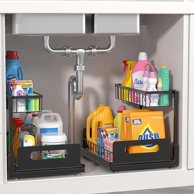 2 Pack Under Sink Organizer, 2 Tier Pull Out Cabinet Organizer,Slide out Metal Cabinet Organizers Multi-Purpose Drawer Shelf for Kitchen Bathroom Pantry Cabinet Closet Organization Rack,Black