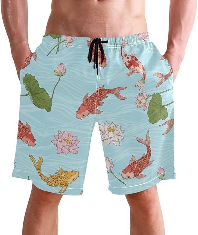 SLHKPNS Men's Swim Trunks Quick Dry Swimming Shorts with Pocket Koi Fish Water Swimsuit Trunks