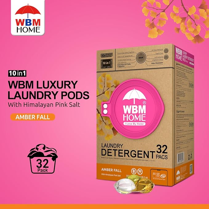 WBM Laundry Detergent Pods, 32 Count | Amber Fall Fragrance | 10 in 1 Laundry pods Detergent Ultra Power Cleaning with Plant-Based Scent, Extra Protection With 4D Stain Remover