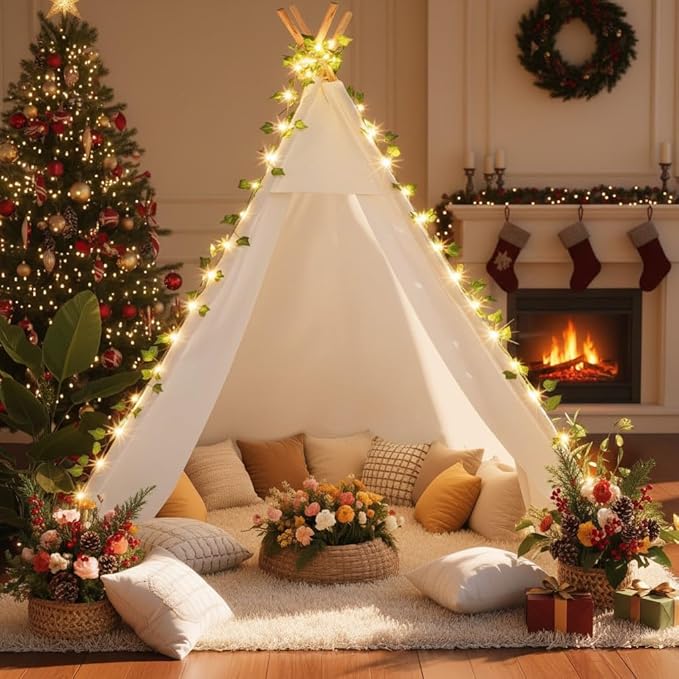 XXL Large Teepee Tent for Adults & Kids, Update Waterproof Cotton Playhouse with LED Vine Lights, Heavy-Duty Eucalyptus Wo...