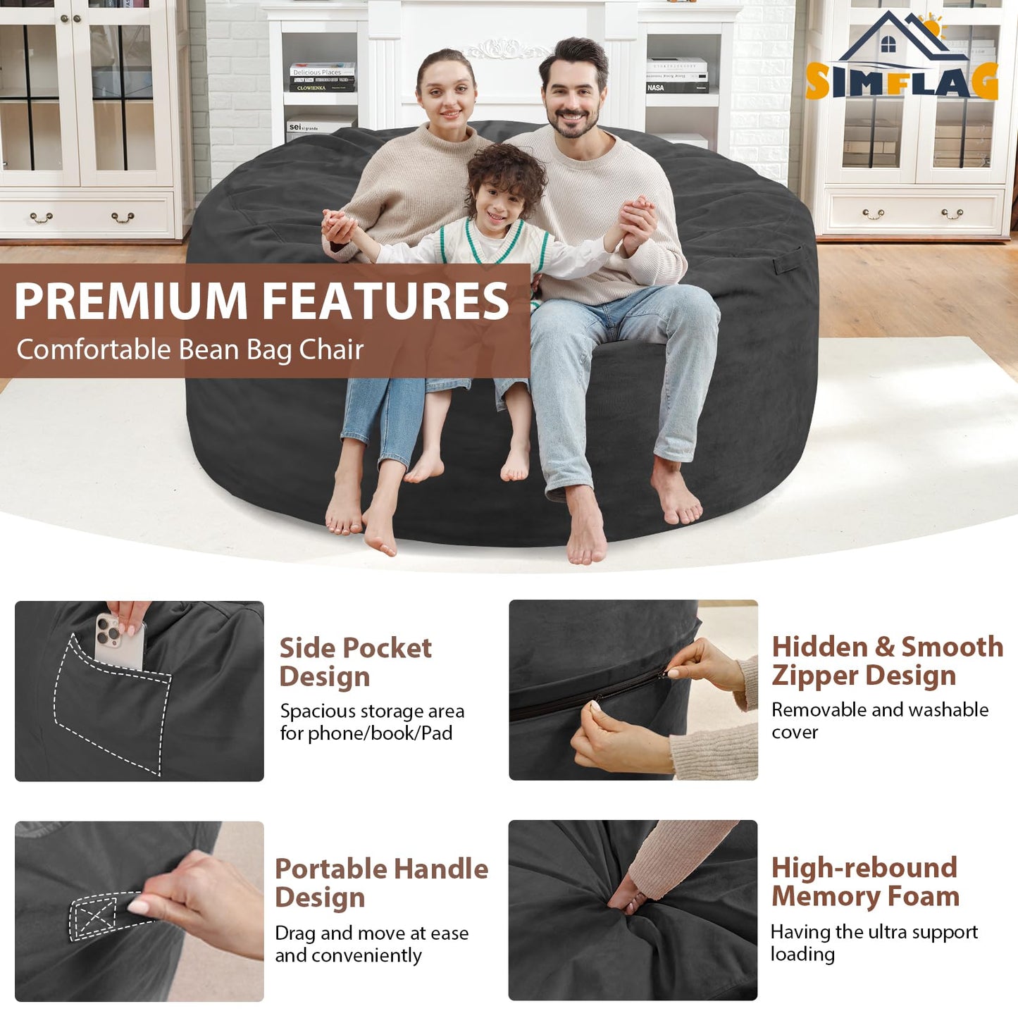 SIMFLAG 5FT Bean Bag Chair, Large Bean Bag Chairs with Memory Foam Filled, Fluffy Beanbag Sofa with Dutch Velvet Cover, Round BeanBag Chairs for Living Room, Playroom - Grey