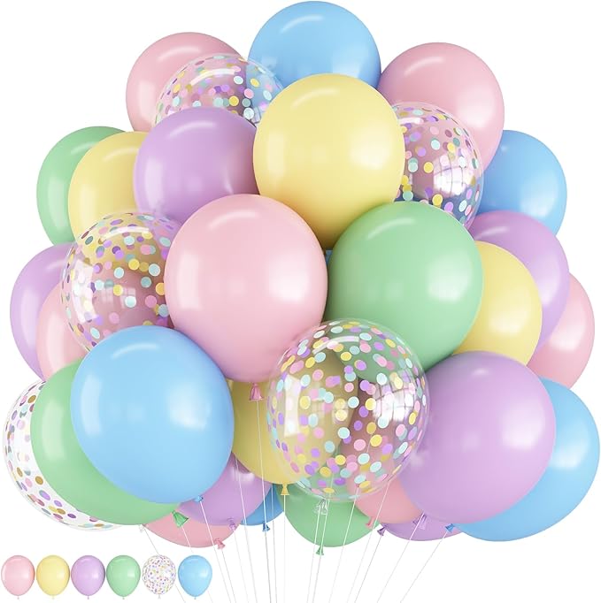 HILAVO Pastel Balloons 12 Inch Macaron Pink Blue Green Purple Yellow Pastel Rainbow Latex Balloon with Colorful Confetti P...