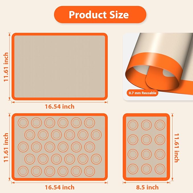 Macaron Silicone Baking Mats, 3 PCS Non Stick Macaroon Mat Silicone for Macarons, Cookie, Pastry, Orange