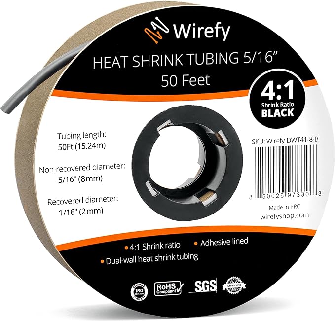 Wirefy 5/16" Heat Shrink Tubing - 4:1 Ratio - Adhesive Lined - Resistant Heat Shrink - 50 Feet Roll - Black