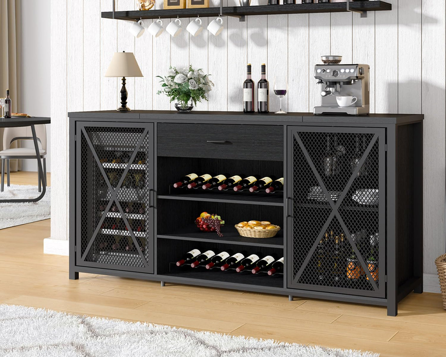 LVB Long Coffee Bar Cabinet with Fridge Space, Modern Wood Metal Large Wine Liquor Cabinet with Rack, Big Wide Sideboard Buffet Cabinet with Drawer Storage for Kitchen Dining Room, Black Oak, 70 Inch