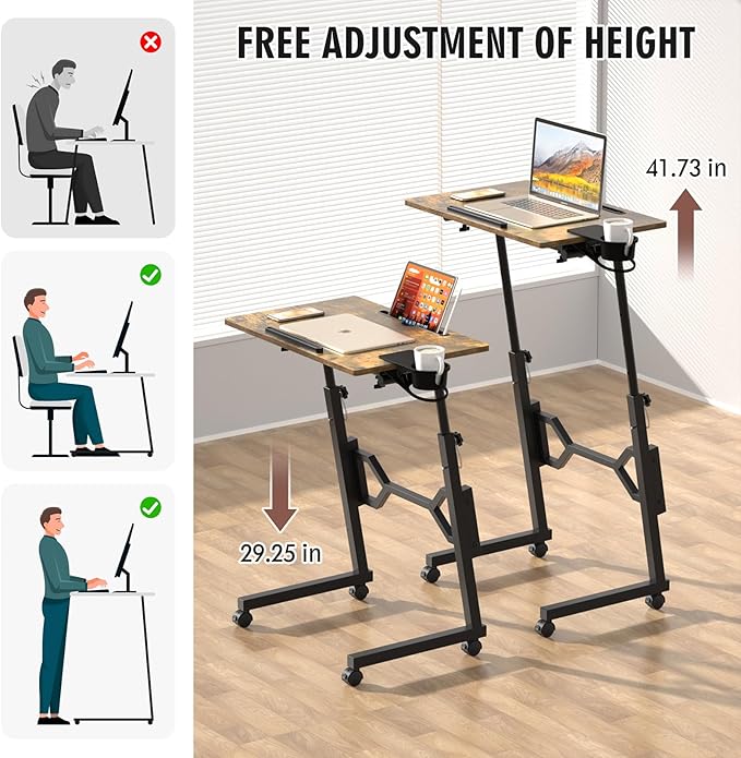 Enayplon Small Standing Desk with Wheels, Portable Treadmill Desk, Rolling Desk Adjustable Height for Laptop, Mobile Standing Table for Walking Pad, Bedside Table