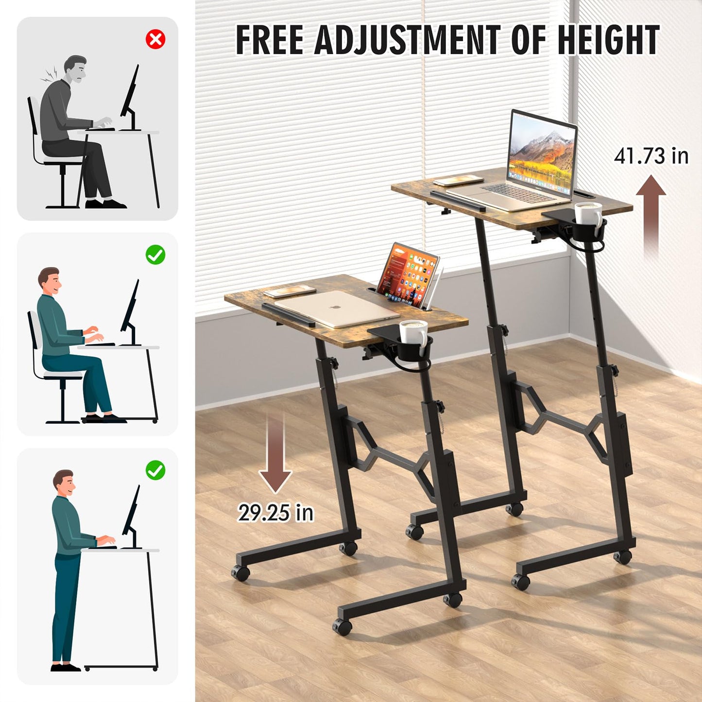 Enayplon Small Standing Desk with Wheels, Portable Treadmill Desk, Rolling Desk Adjustable Height for Laptop, Mobile Standing Table for Walking Pad, Bedside Table