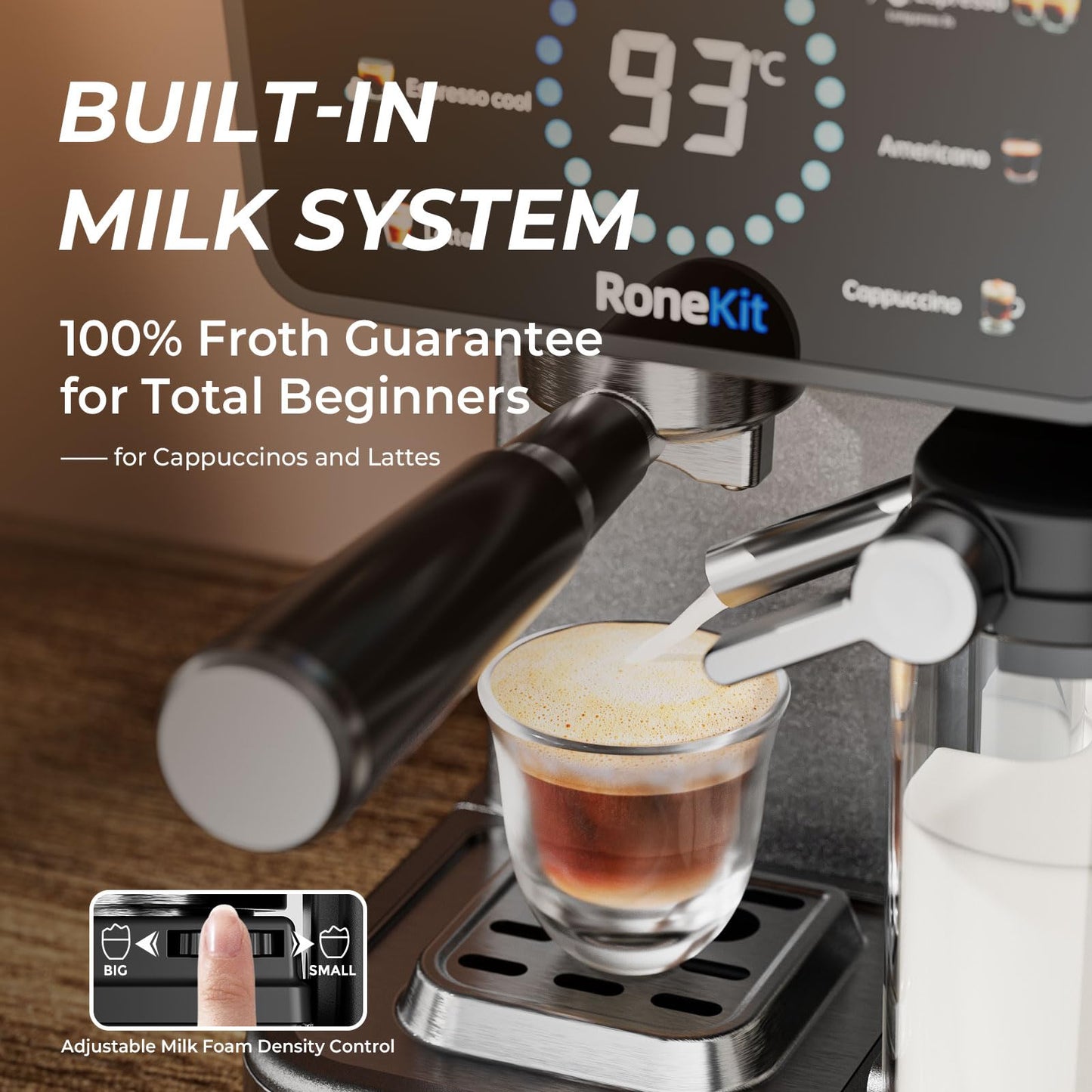 RoneKIT Espresso Machine with Automatic Milk Tank,Espresso Cool & Cappuccino Machine, 20Bar Espresso Coffee Machines, Touch Screen with Timer, 50.7Oz Removable Reservoir, Black