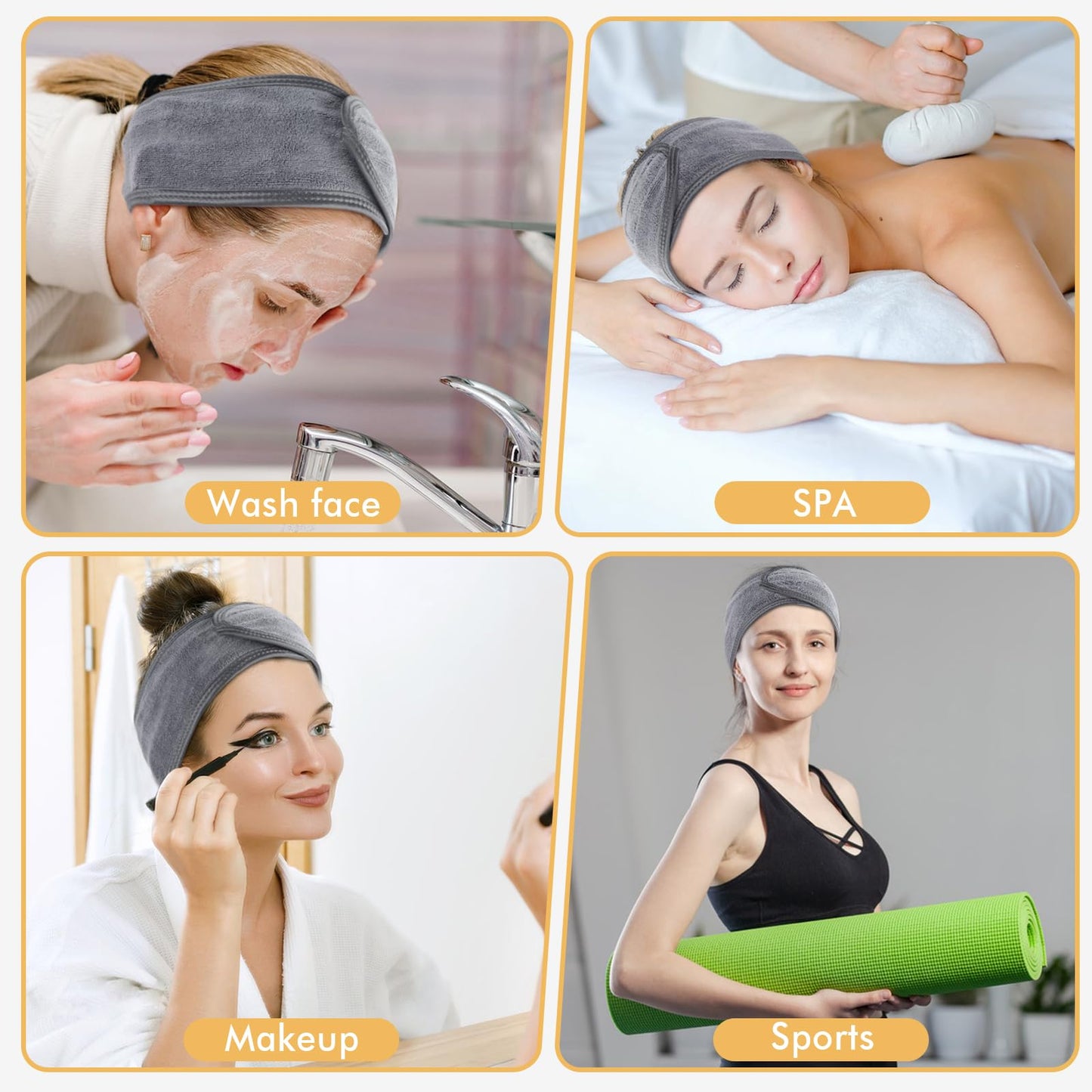 SINLAND Spa Headband for Women 3 Counts Ultra Soft Adjustable Makeup Hair Band with Magic Tape, Terry Cloth Stretch Head Wrap fo