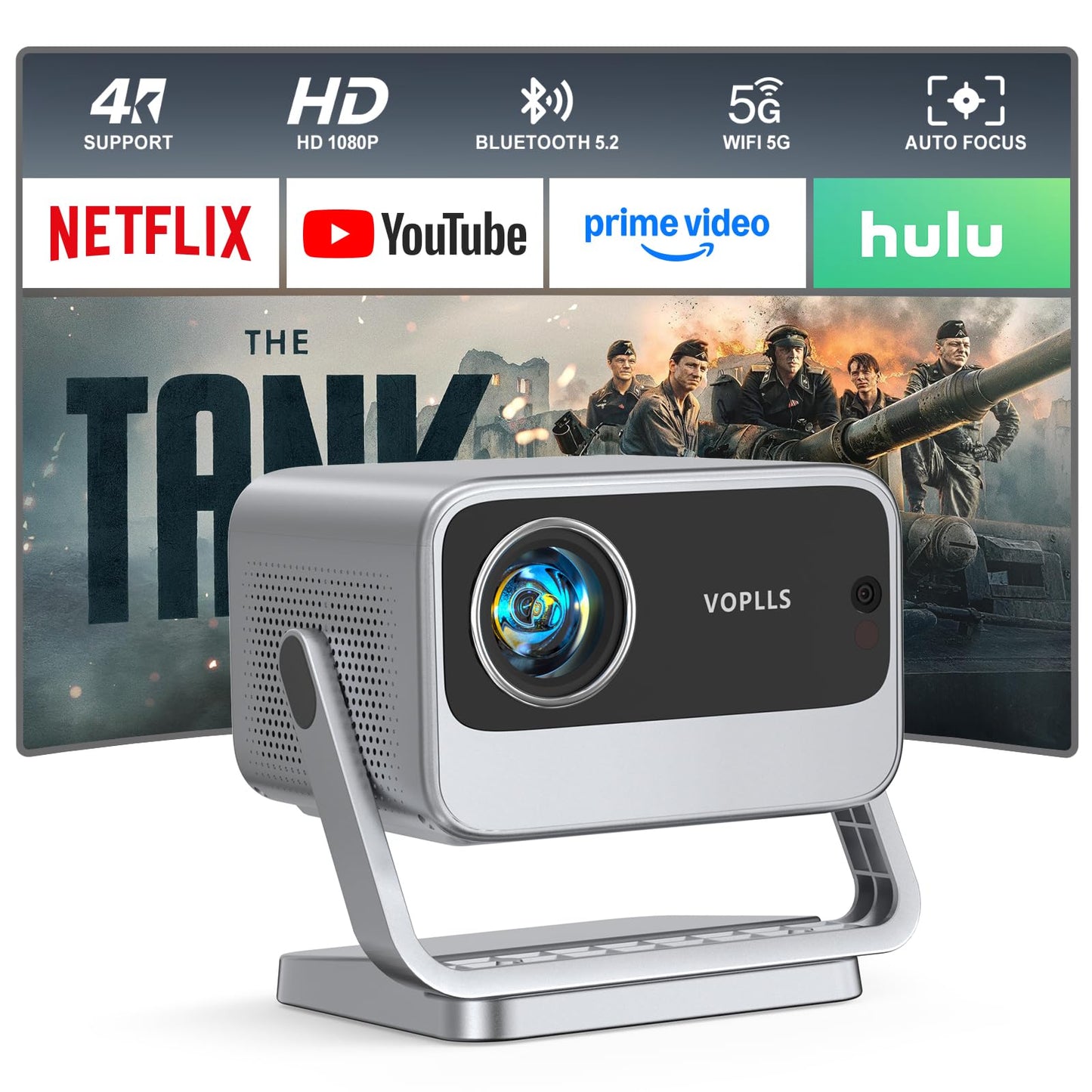 [Now with Netflix & 4000 ANSI] 4K Projector with WiFi and Bluetooth, Auto Focus Keystone & Dolby Audio, Smart Outdoor Projector with Adjustable Stand for Home Bedroom (grey）