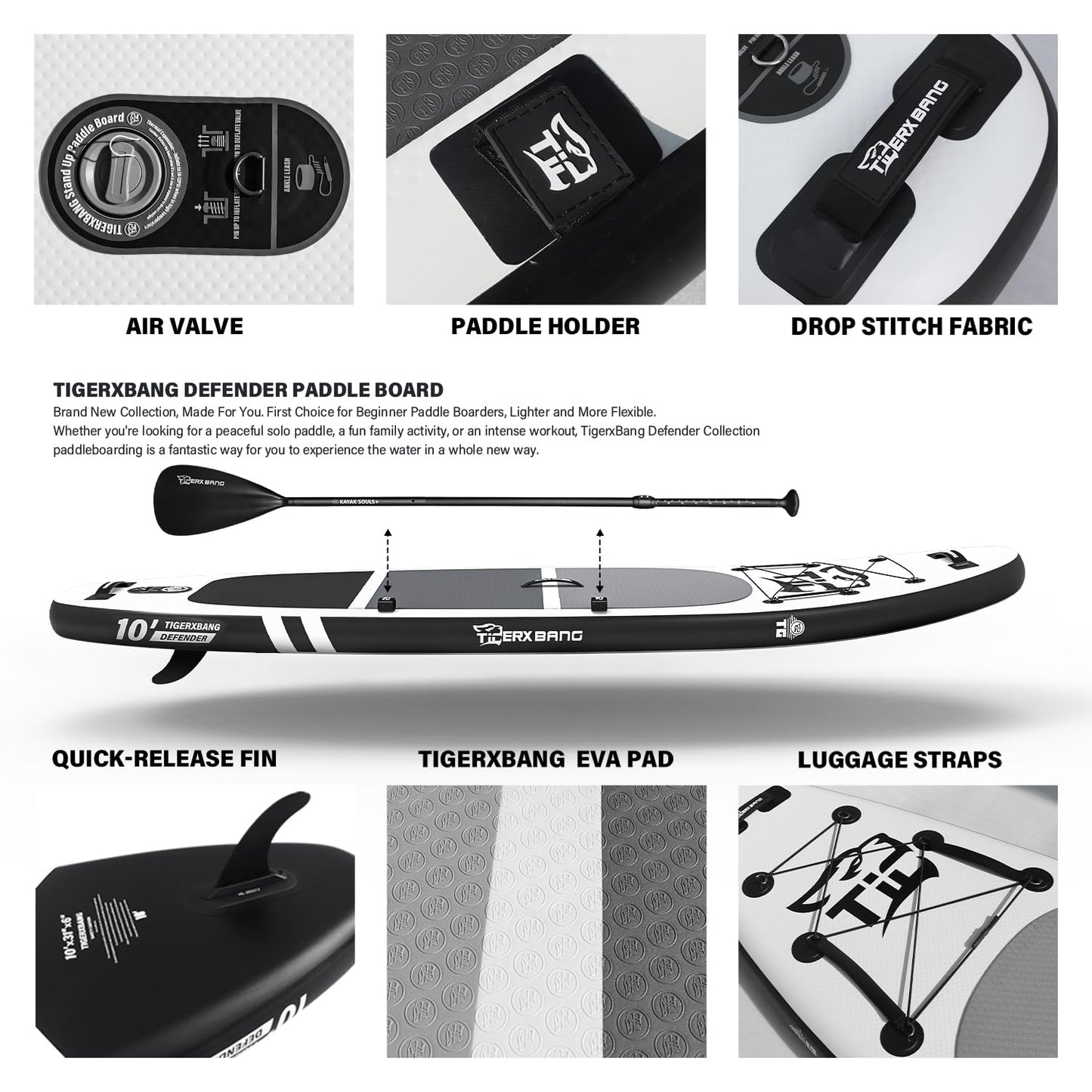 TIGERXBANG Inflatable Stand Up Paddle Boards with Premium SUP Board Accessories, Allround Paddle Boards for Adults/Youth,Defender Collection Black