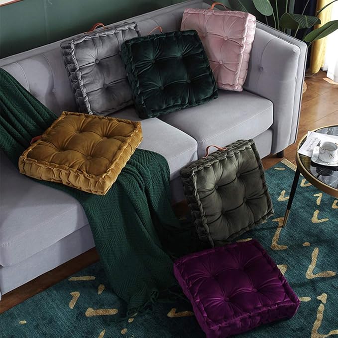 vctops Square Solid Color Velvet Seat Cushion with Handle Tufted Thicken Chair Pad Tatami Floor Pillow Cushion 16.5"x16.5"x4" Army Green