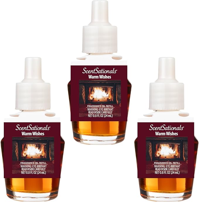 Scentsationals Fragrance Oil Plug in Air Freshener Refills 3-Pack - Warm Wishes - Works with Scentsationals Wall Plugs, Long-Lasting Home Fragrance, 0.8 fl oz Each, Packaging May Vary