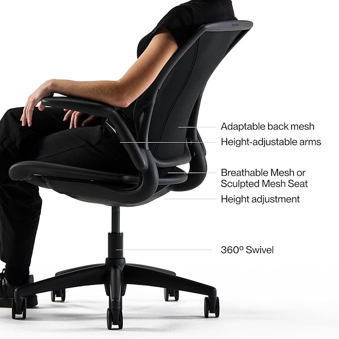 Humanscale World One Black Office Chair, Ergonomic Work Desk Chair with Built in Lumbar Support, Adjustable Computer Office Chair for All Body Types