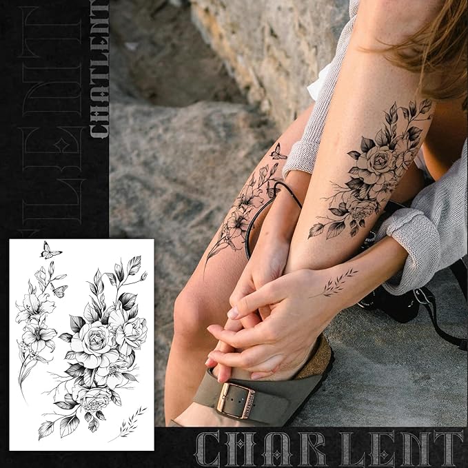 CHARLNET Realistic Flower Temporary Tattoos for Women - 9 Large Sheets Flower Rose Tattoos For Women Body Art Arm Chest Legs Shoulder