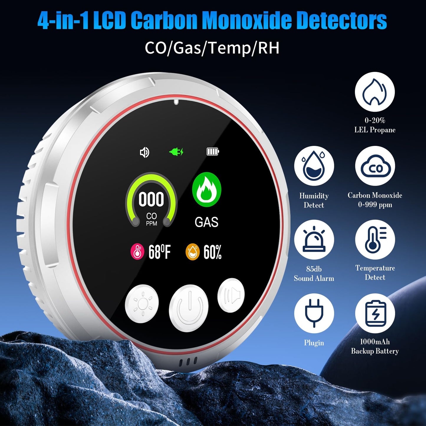 2 Pack 4-in-1 Carbon Monoxide Detectors &Natural Gas Leak Detector, Portable Carbon Monoxide Detectors Plug in & Battery Backup - Hotel and Travel Safety, RV, Home