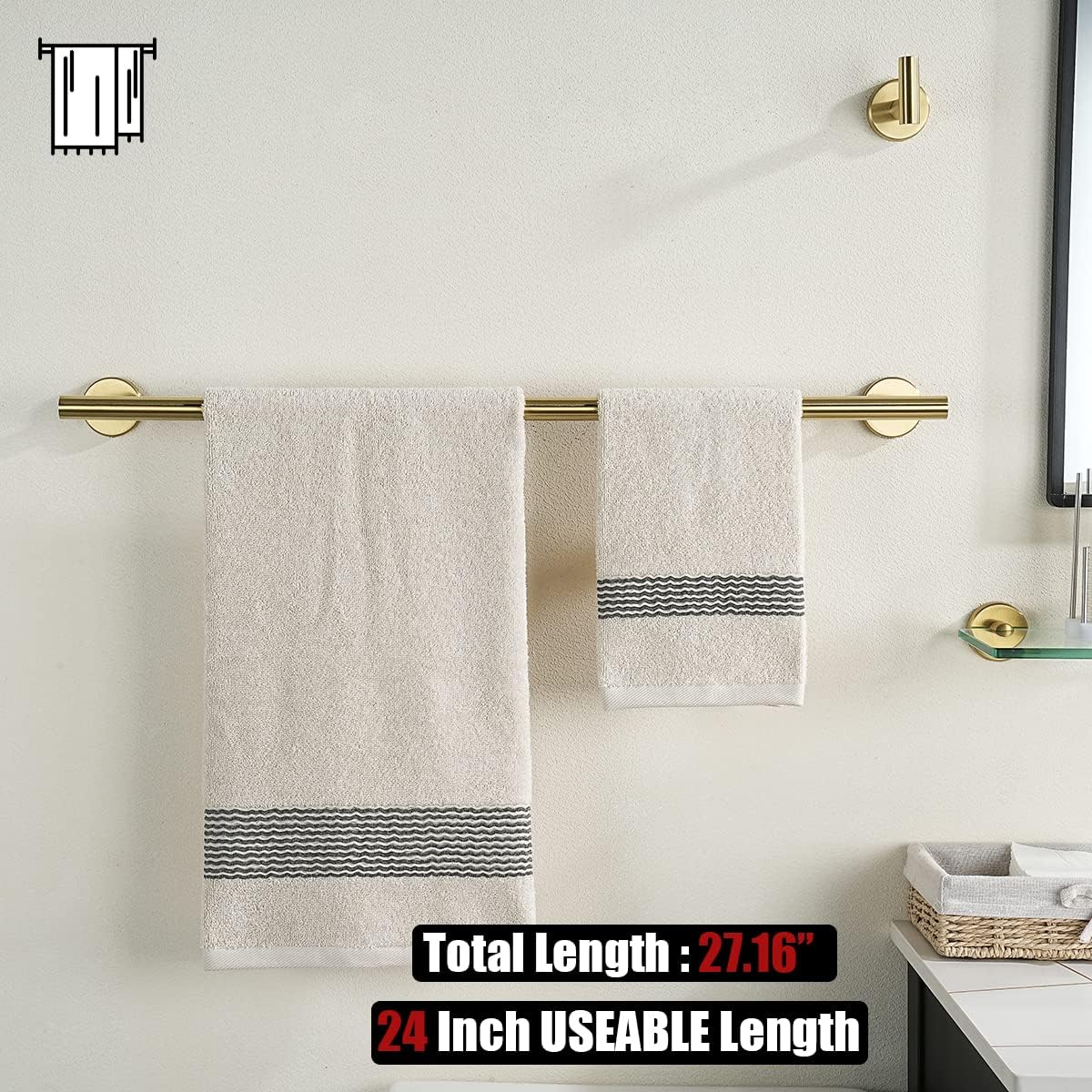 JQK Bathroom Hardware Set Gold, 5-Piece Bath Accessories Set Brushed Gold Wall Mount includes 24 in Towel Bar, 7 in Towel Ring, Toilet Paper Holder, 2 Towel Hooks, BAS165-BG