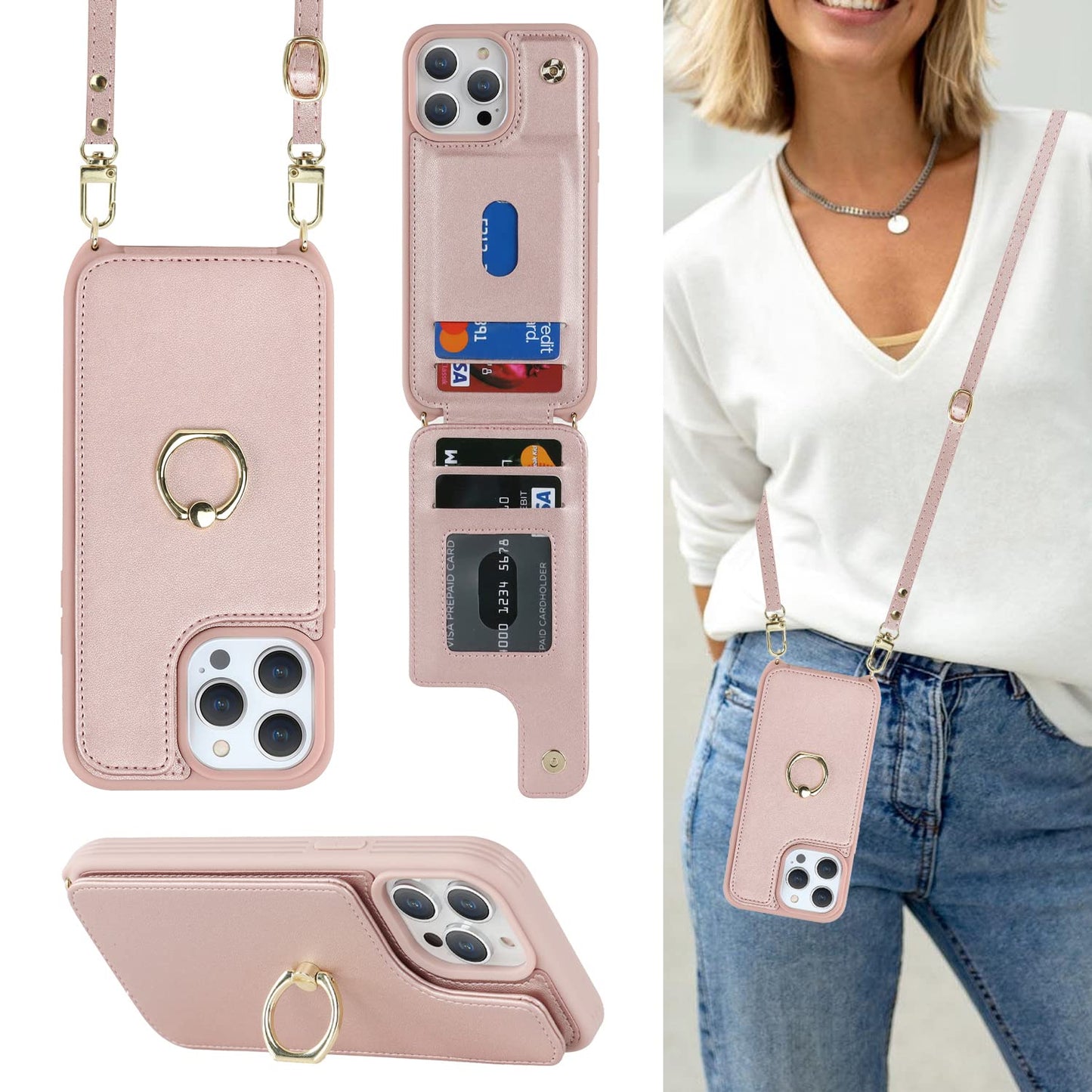 Lipvina For Iphone 11 Pro Max Phone Case With Card Holder And Strap For Women,Crossbody Lanyard,Kickstand Ring Stand,Snap Clasp,