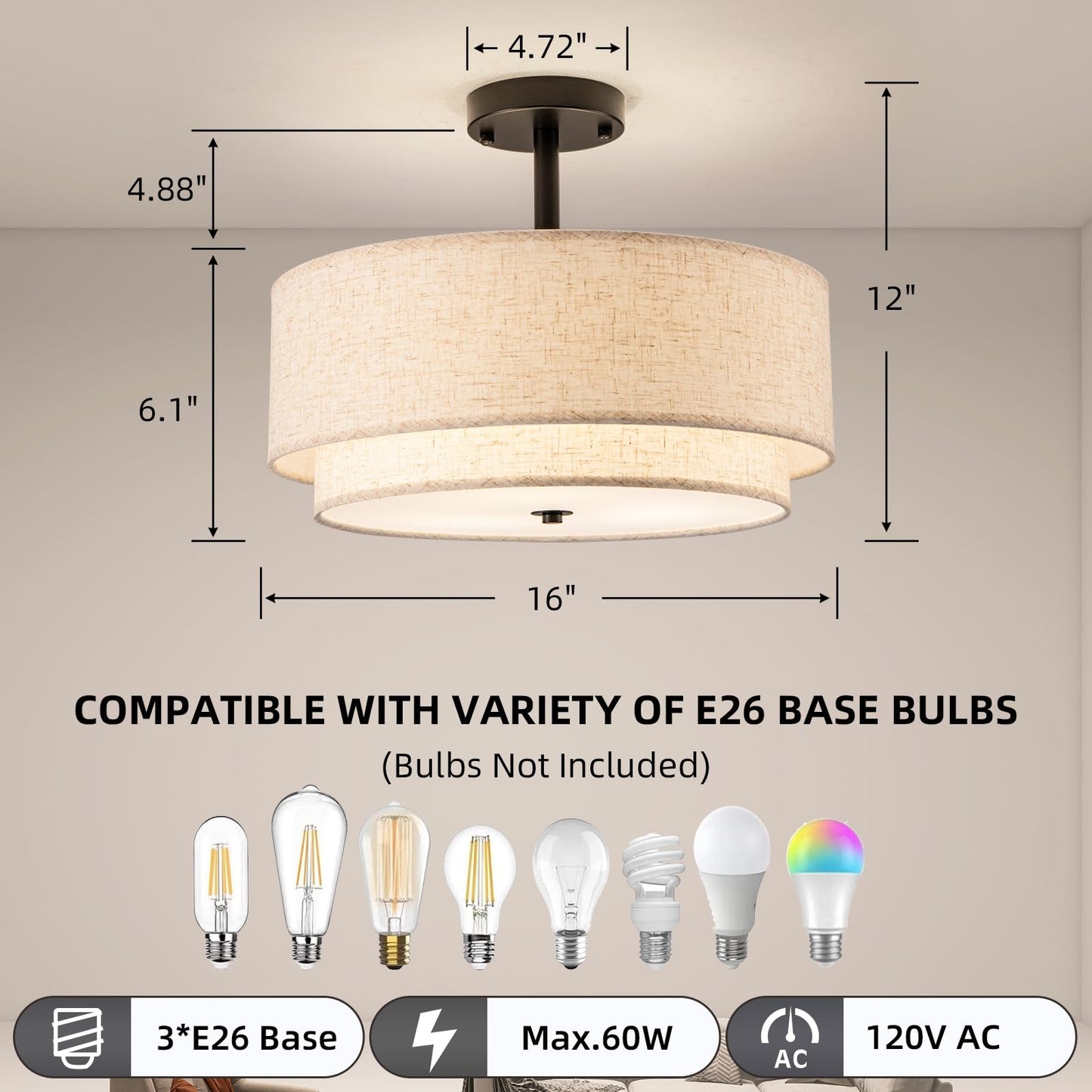 Aufrichting Drum Semi Flush Mount Ceiling Light, 16 inch 3 Lights Ceiling Light Fixture with 2-Layer Fabric Shade, Black Farmhouse Drum Ceiling Lighting for Bedroom Hallyway Dining Room Kitchen