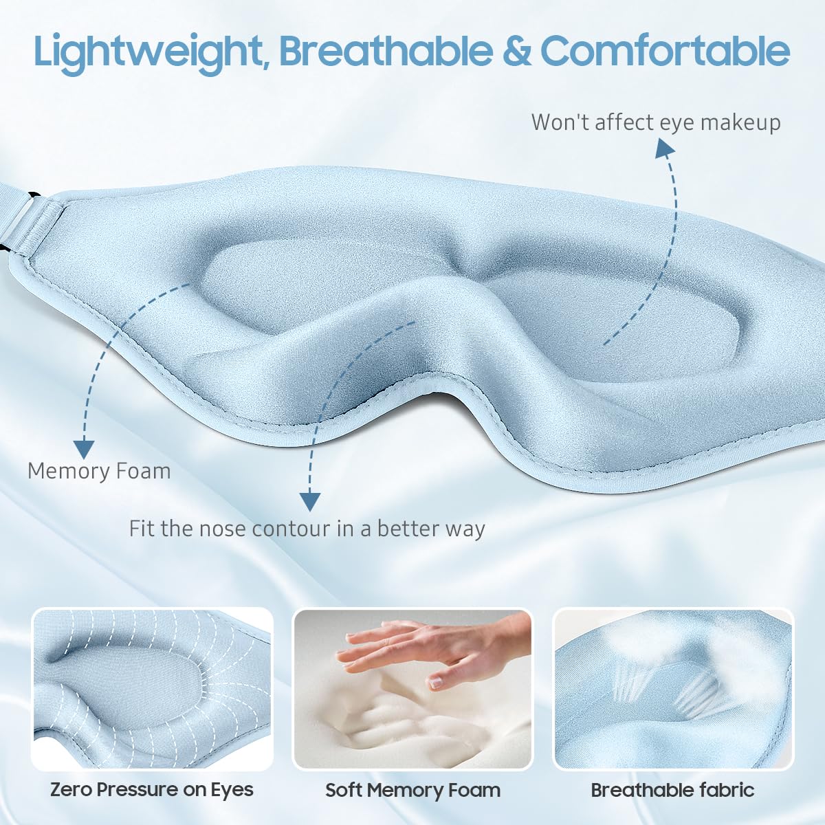 BeHoomi Sleep Mask, Premium Eye Mask for Sleeping, Total Blackout, Superior Soft Comfort, Upgraded 3D Ergonomic Designed Sleeping Mask for Home, Office, Travel, Meditation, Sky Blue