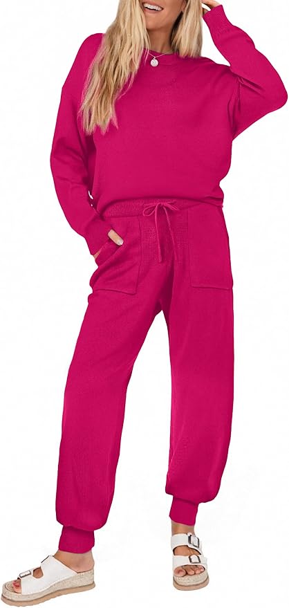 Ekouaer Women's 2 Piece Lounge Set Long Sleeve Knit Pajamas Sweatsuit Jogger Pant Outfits With Pockets S-XXL