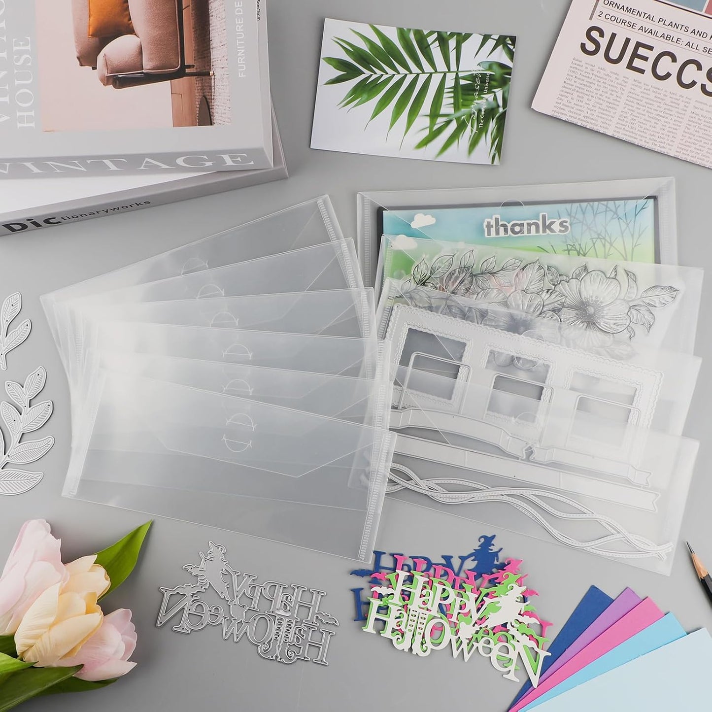 BAOFALI 200 Pcs/Set 5 Sizes Clear Stamp and Die Storage Pockets, Stamp Storage Bags, Plastic Envelopes, Scrapbooking Storage Die Cuts for Stencil Storage Card Making Cutting Dies