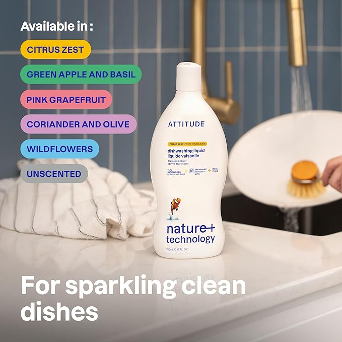 ATTITUDE Dish Soap, EWG Verified, Plant-Based & Vegan Dishwashing Liquid, Naturally Derived, Citrus Zest, 23.7 Fl Oz