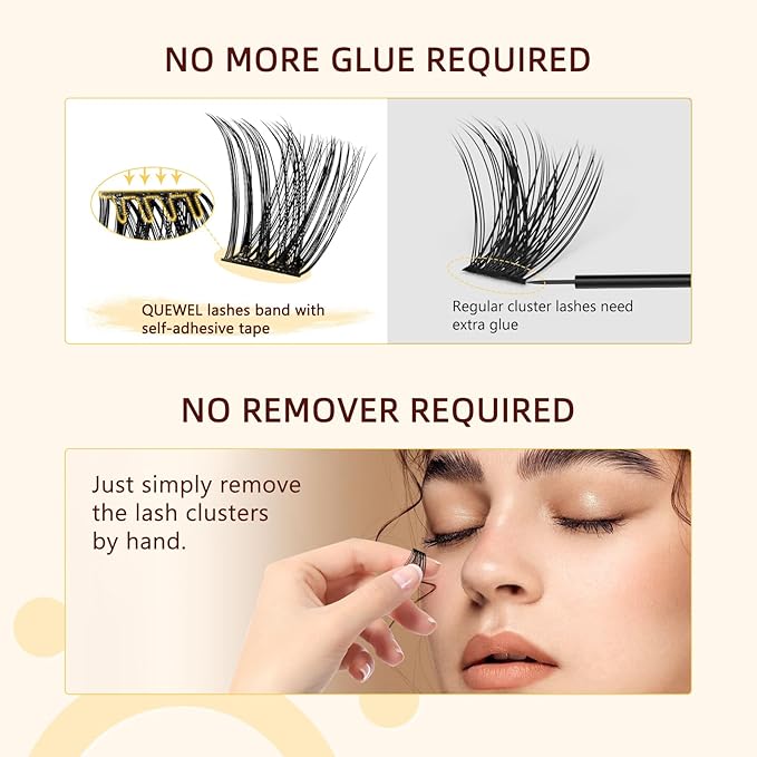 QUEWEL Self Adhesive Eyelashes Natural Look, No Glue Needed Lash Clusters with Eyelash Clusters Tweezer, 32 Pcs Reusable Lashes Self Adhesive for Beginners, DIY Lash Extensions for Home Use(ZN-05)