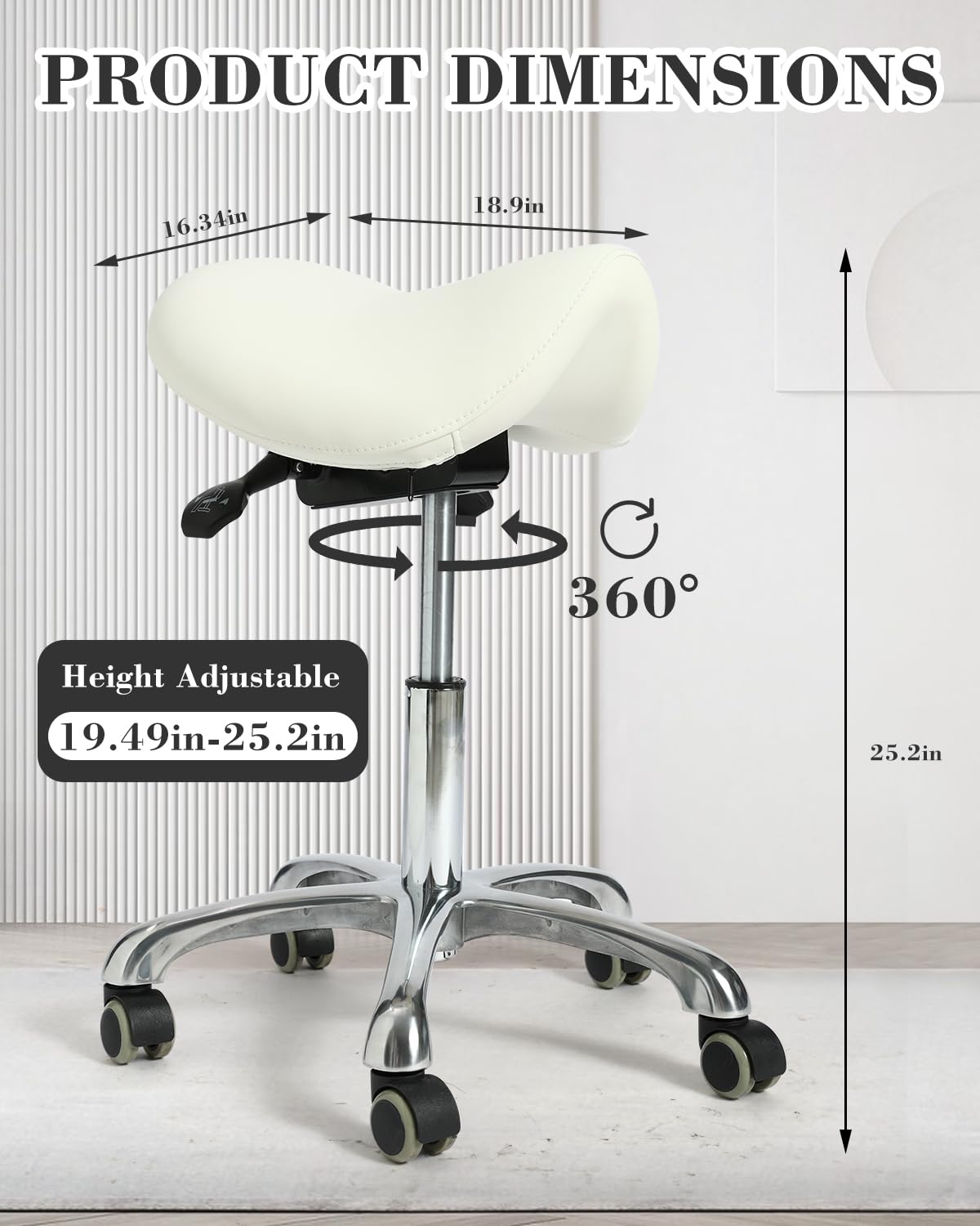 Ergonomic Saddle Stool, Thick Memory Foam Height Adjustable Rolling Chair with Silent Casters & Heavy Duty Aluminum Base, Swivel Tilt Seat No Backrest for Tattoo Salon Office Bar Home Desk, White