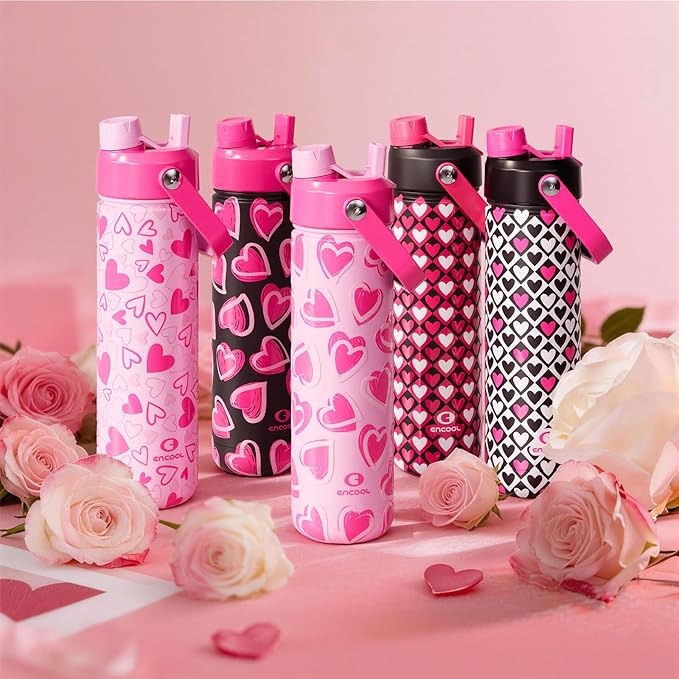 ENCOOL Valentine's Day Insulated Water Bottle with Straw Stainless Steel Water Bottle, Leak-Proof, BPA-Free, Keeps Cold for 24 Hours for Sports, Travel, School (26 oz, Kiss Love Red x Black)