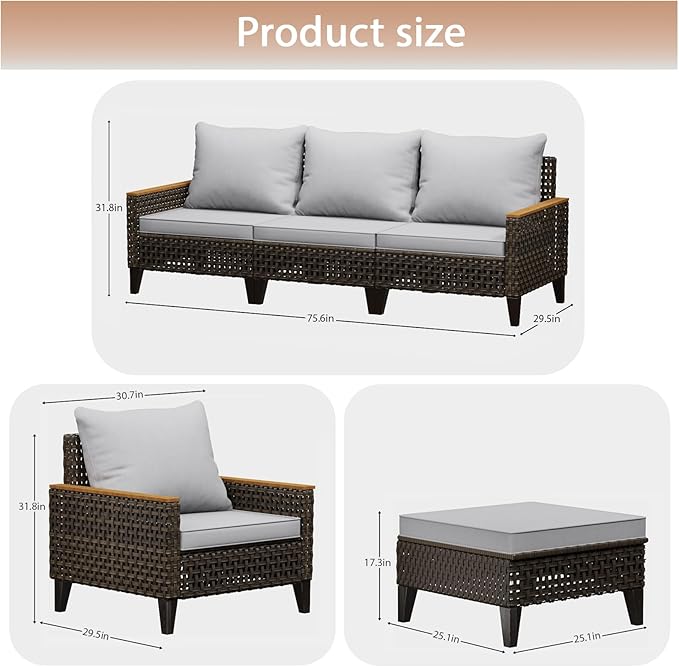 Xmkmvk 7 Piece Patio Sectional Sofa Furniture Set, All-Weather Wicker Rattan Outdoor Conversation Set with High Back and Thick Cushions, for Garden, Porch, Poolside, Gray