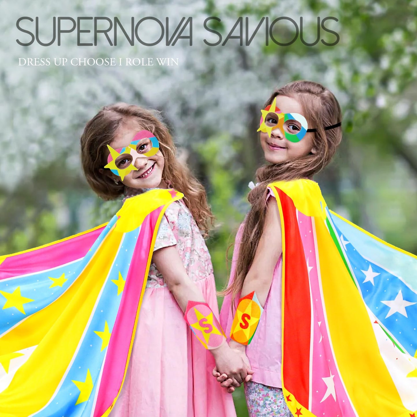 iROLEWIN Star Superhero-Costumes-Cape and Mask for Kids Girls Boys Super Hero Party Gifts Toys as Halloween Dress Up with Bracelets (Rose)