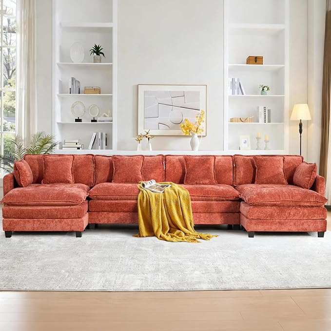 SoarFlash 149.61" Chenille Sectional Sofa, Comfy U Shaped Modular Coush Sofa with Ottoman, Modern 4 Seat Couch Deep Seat Sofa Set for Living Room,Orange