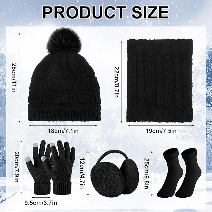 SATINIOR 5 Pcs Winter Hat Scarf Gloves Set Fleece Warm Lined Knit Beanie Hat Touch Screen Earmuff Gloves Warmer for Women(Black,Basic Style)