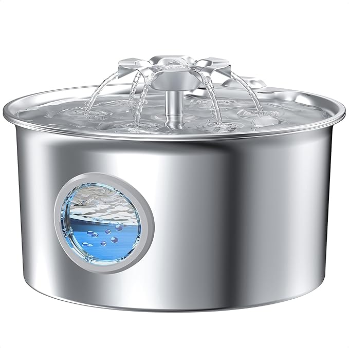 Stainless Steel Cat Water Fountain: 88oz/2.6L Ultra Quiet Pet Fountain with Flower Kitty Spout & LED Blue Light Water Disp...